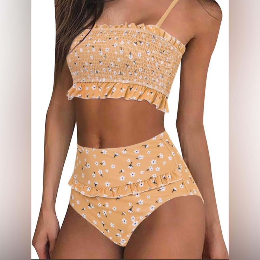 MOOSLOVER Women's Shirred Bandeau Bikini Top High Waisted Bottom 2 Piece Size  S